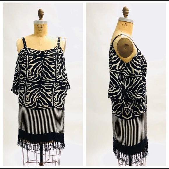 Vintage Silk Fringe Zebra Cold Shoulder Dress - Picture 1 of 3